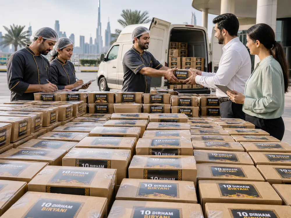 Large quantity of branded biryani packs prepared for corporate handover